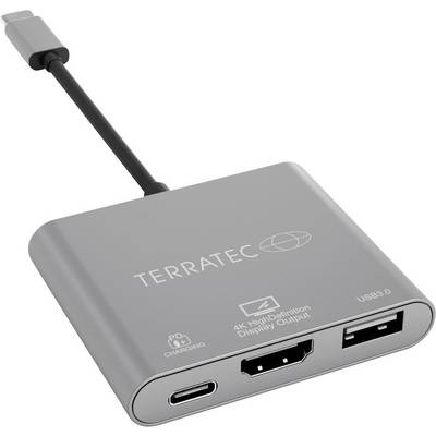 Sivý adaptér s nápisom 'Terratec' ponúka konektory pre HDMI, USB 3.0 a USB-C.