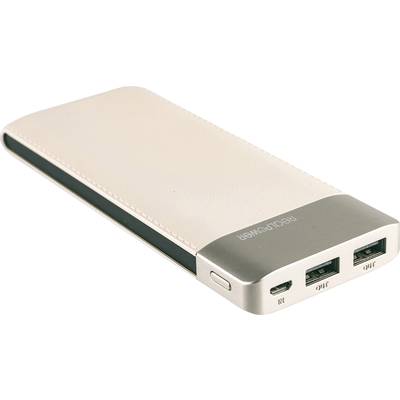 Béžová powerbanka s dvoma USB portami a micro-USB vstupom na boku.