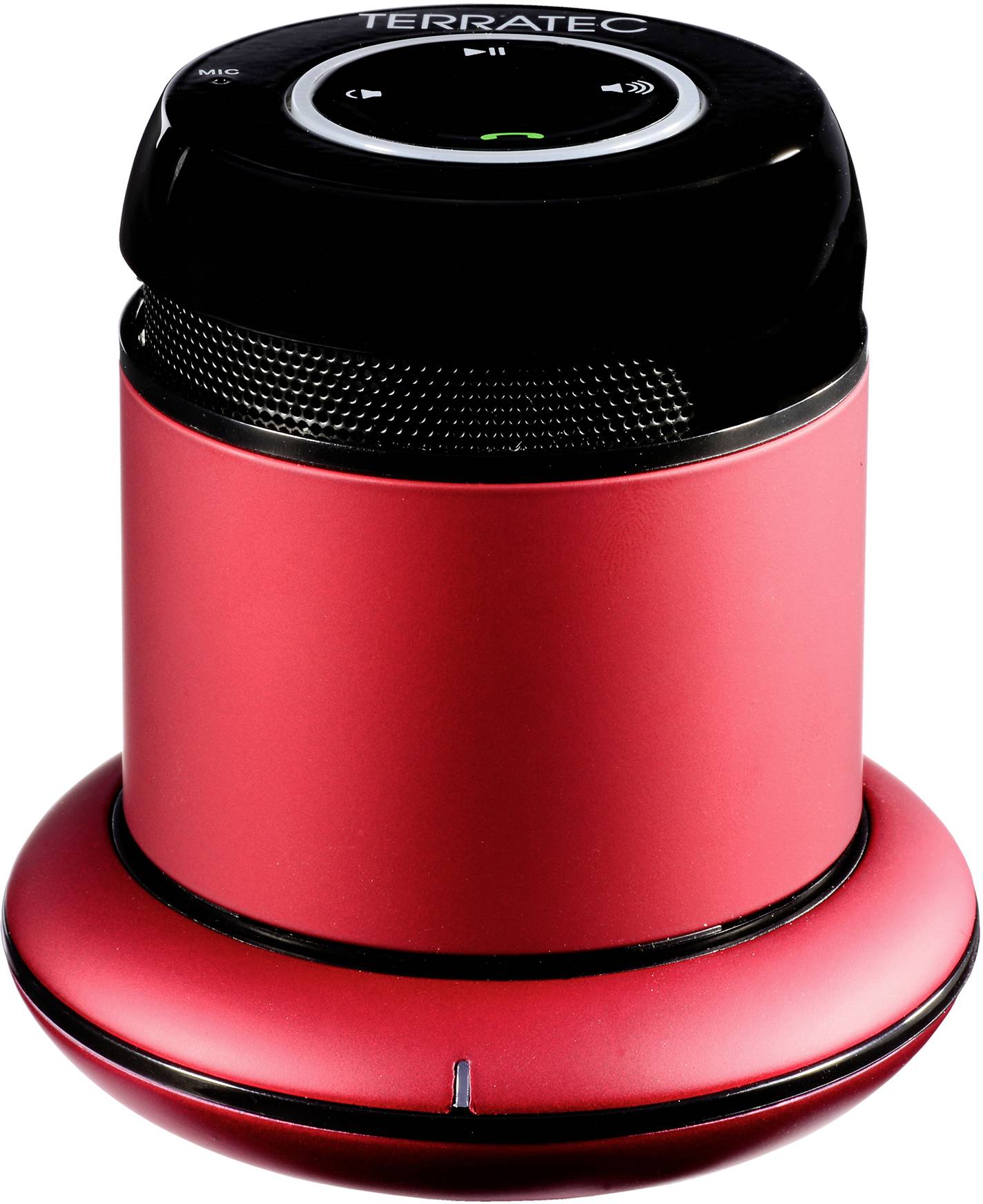 Kompaktný, červený bluetooth reproduktor s ovládacím tlačidlom na vrchu a názvom značky 'Terratec'. Ideálny pre mobilné prehrávanie zvuku.
