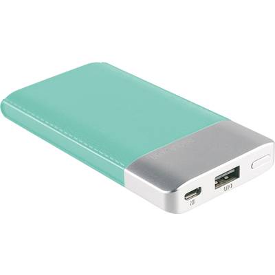 Prenosná powerbanka v tyrkysovej farbe s USB a micro USB portom, vhodná na nabíjanie zariadení počas cestovania.