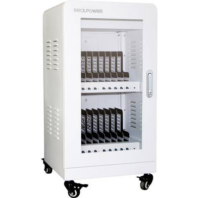 Biely rozvodný rozvádzač s dvoma policami a niekoľkými zásuvnými miestami na uskladnenie a nabíjanie elektronických zariadení. Stojí na kolieskach.