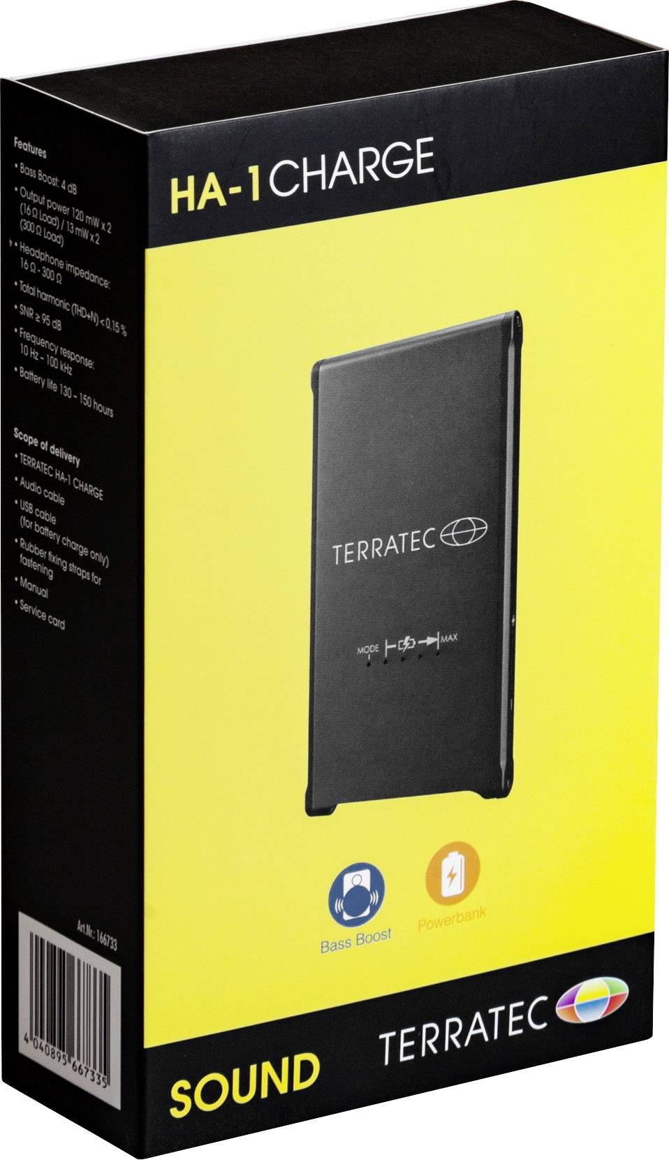 Žltý produktový obal nabíjačky Terratec HA-1 Charge, zobrazený s čiernou prenosnou nabíjačkou a logami Bass Boost a Power Bank.