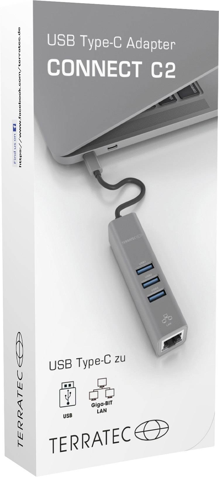 USB Type-C Adaptér CONNECT C2 od TERRATEC: Zobrazuje adaptér pripojený k notebooku, ponúkajúci USB porty, audio a LAN.