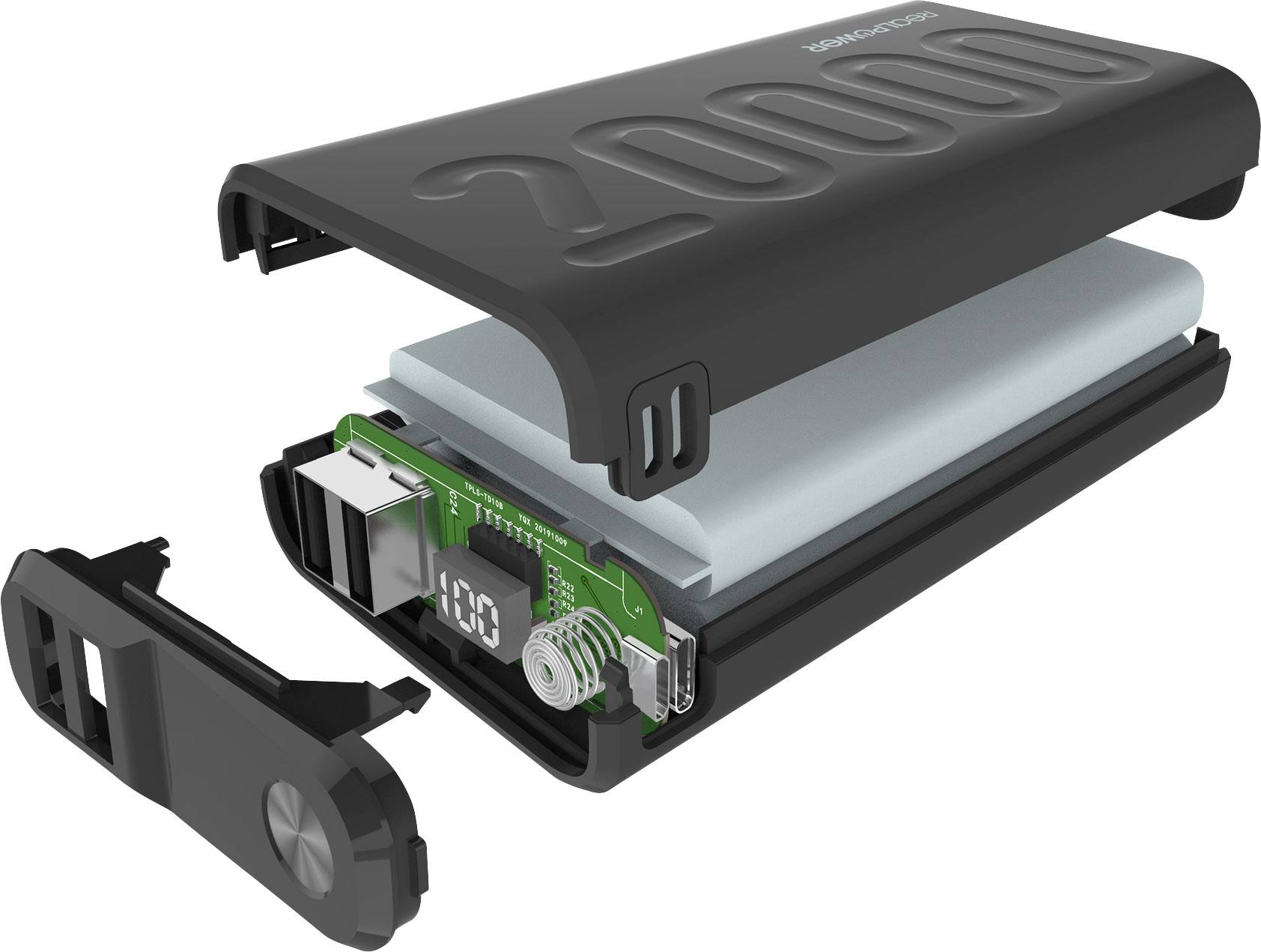 Výkres rozloženej powerbabanky s kapacitou 20000 mAh. Viditeľné sú kryt, batéria, elektronická doska a USB porty.
