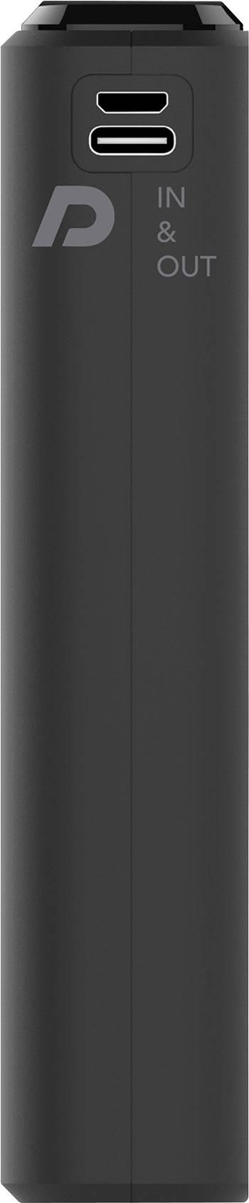 Čierny valcovitý akumulátor s USB-C portom hore, označený nápisom 'IN & OUT'.
