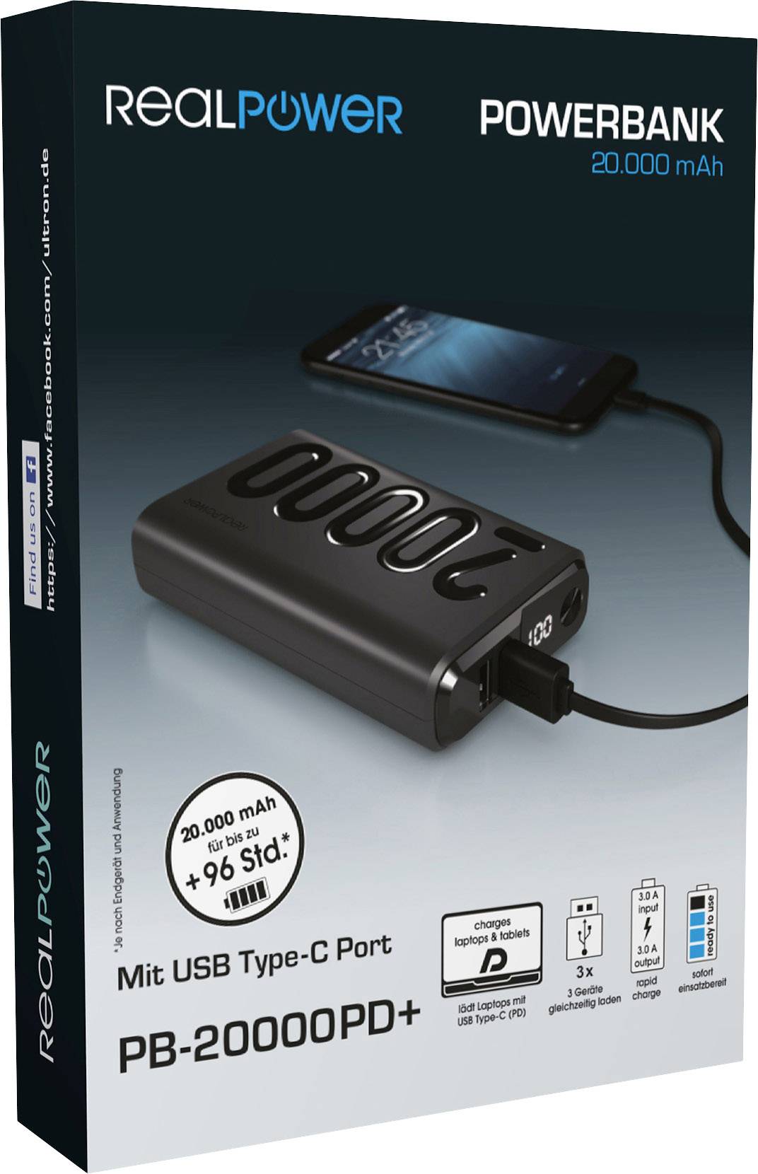 'RealPower Powerbank PB-20000PD+' v čiernom balení. Kapacita: 20.000 mAh, USB Type-C port, vhodná pre smartfóny.