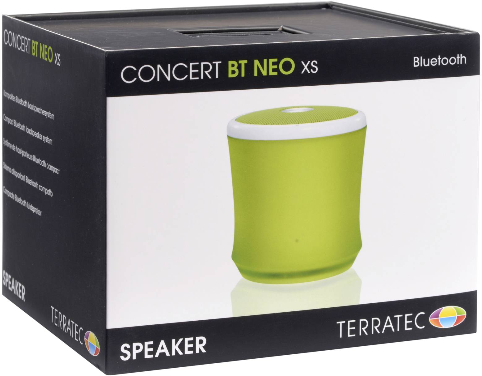 Zelený, valcovitý bluetooth reproduktor značky Terratec, model 'CONCERT BT NEO XS', v čiernom obale.