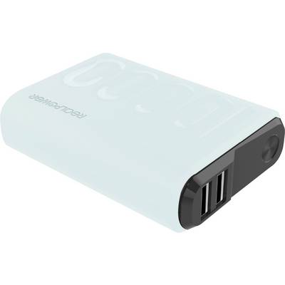 Prenosná powerbanka v svetlomodrej farbe s dvoma USB portami a bočným tlačidlom.