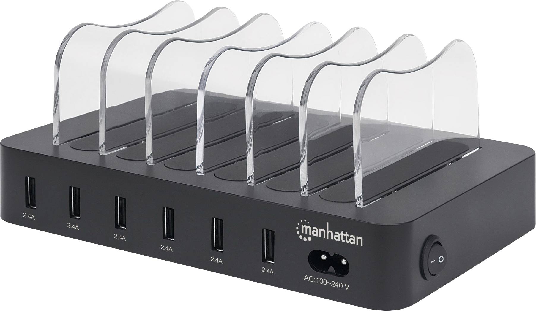Čierna nabíjačka s šiestimi priehľadnými priehradkami a šiestimi USB portmi, vhodná na súčasné nabíjanie viacerých zariadení.