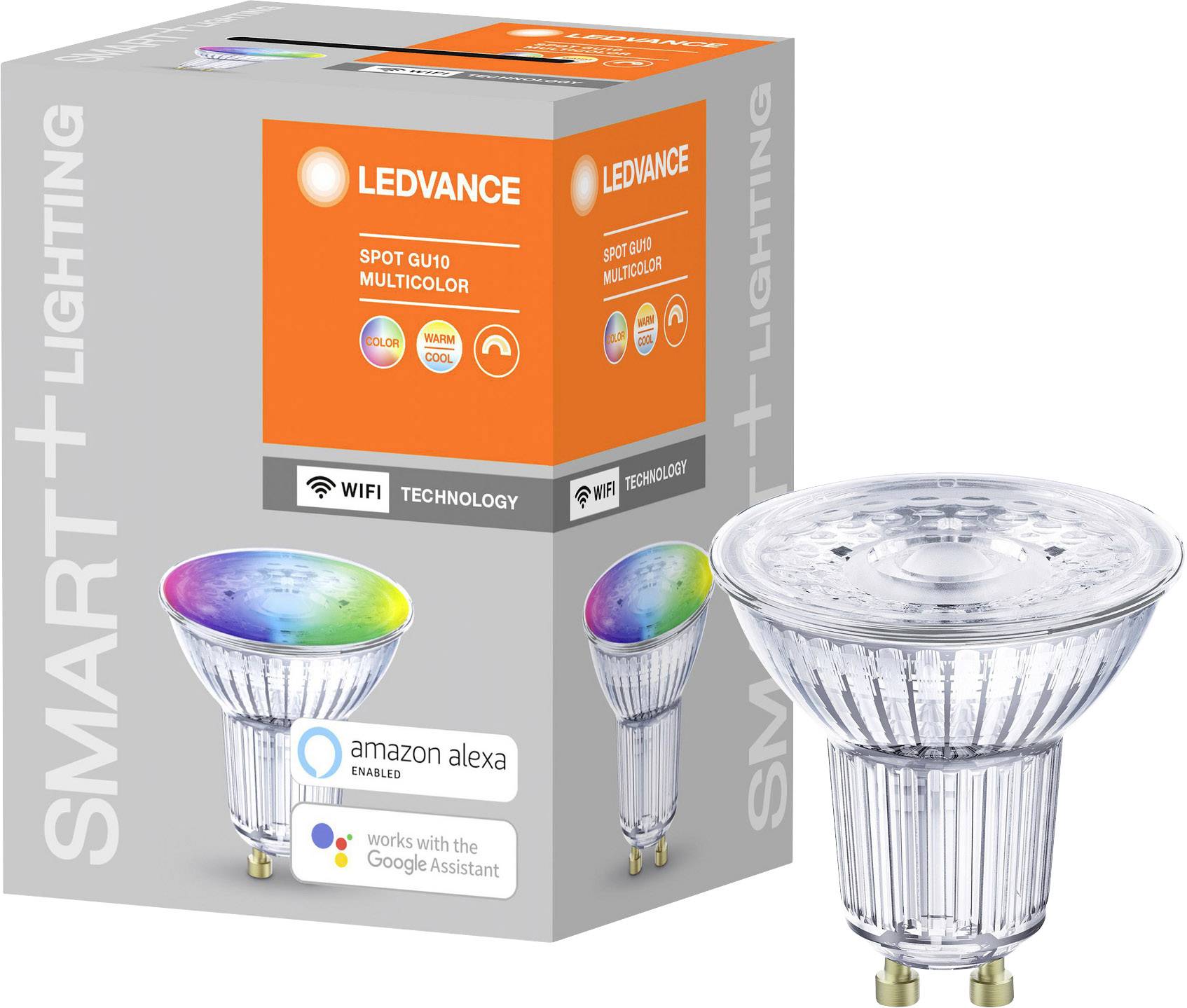 LED lampa s WiFi, multifarebná, kompatibilná s Google Assistant a Amazon Alexa. Balenie zobrazuje farebné možnosti a technologické logá.