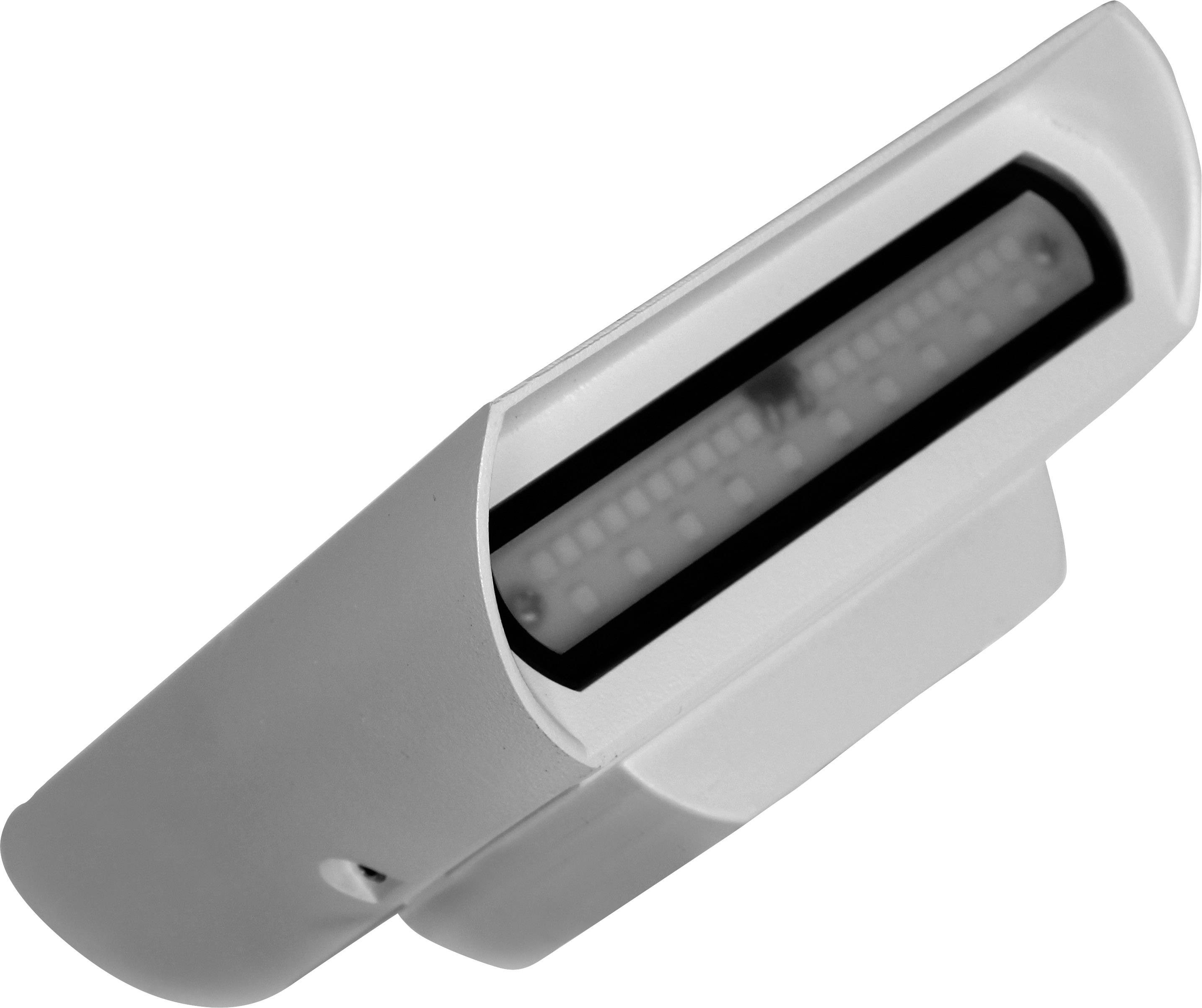 Moderný biely svetelný objekt s obdĺžnikovým otvorom a LED svetlami, ktorý sa zdá byť vhodný na montáž na stenu alebo strop.
