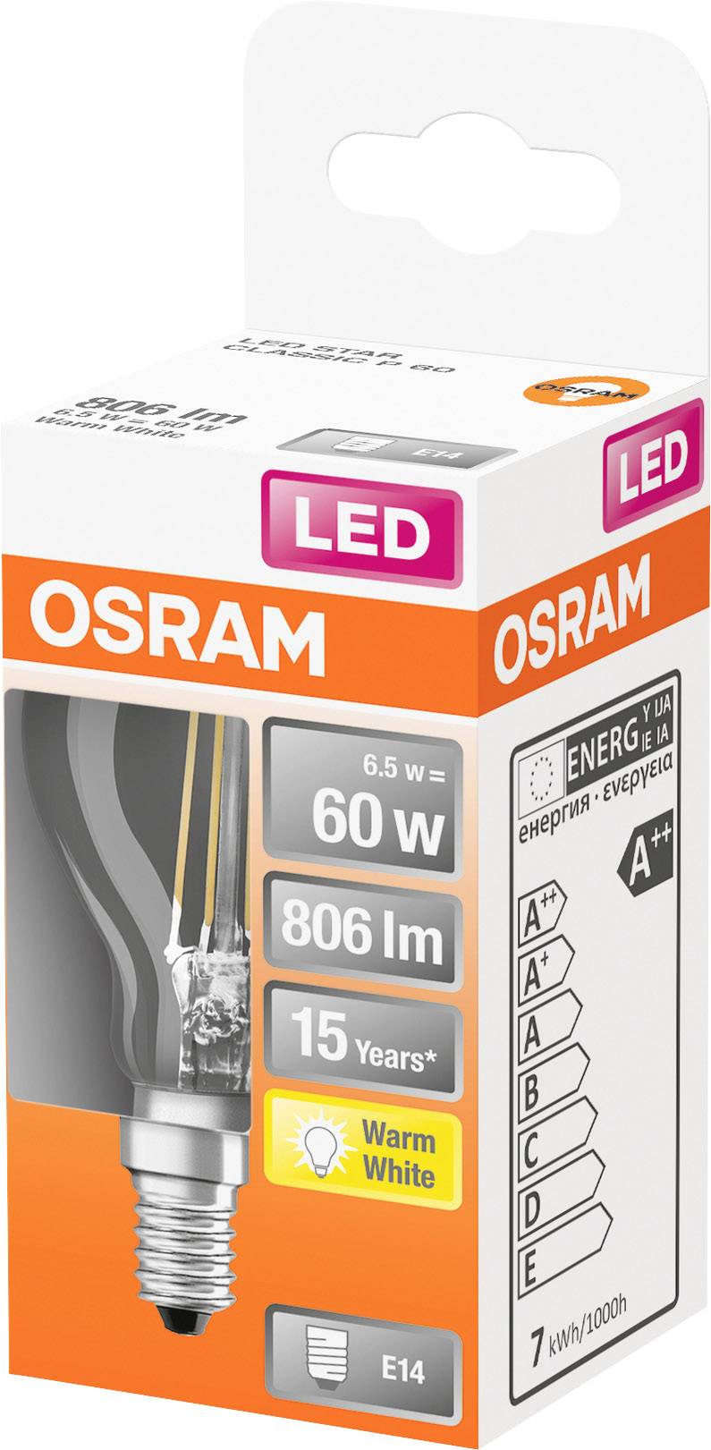 'Osram LED žiarovka: 6,5W nahrádza 60W, 806 lm, pätica E14, teplá biela, energetická trieda A++, životnosť 15 rokov.'