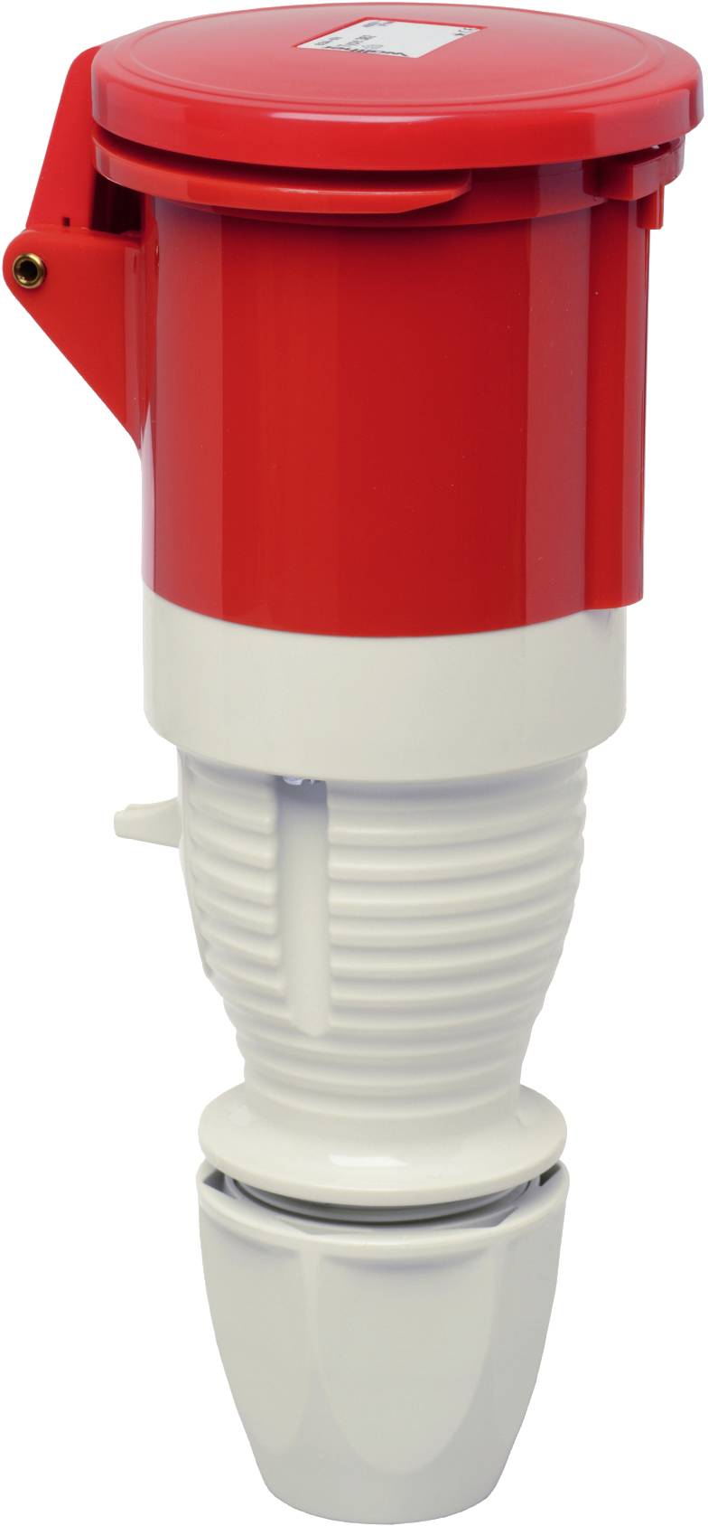 Červený a biely priemyselný konektor s ochranným krytom, vhodný pre použitie v priemyselných elektrických systémoch.