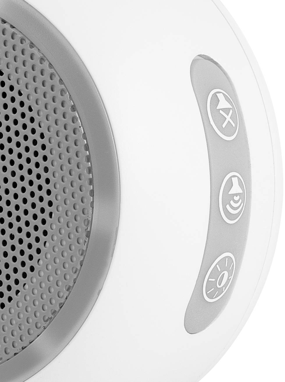 Reproduktory s tlačidlami pre stlmenie, ovládanie hlasitosti a ďalšou neurčenou funkciou vpravo.