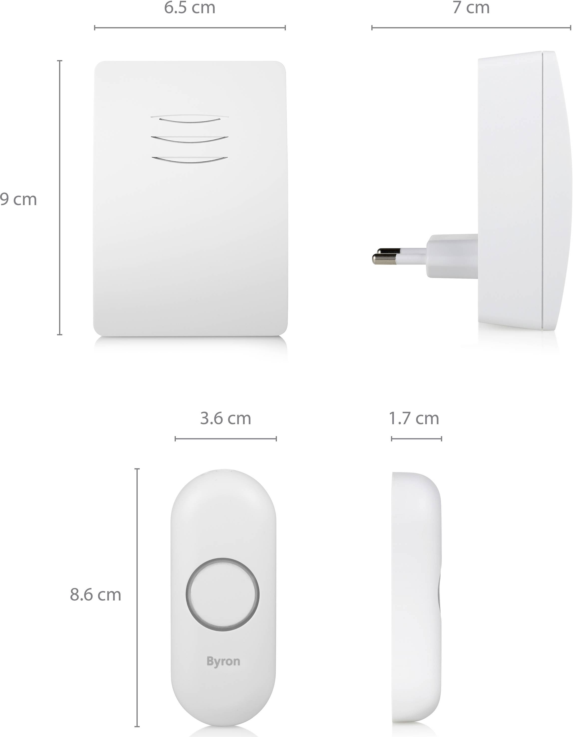 WiFi videozvonček pozostávajúci z vertikálneho reproduktora (7 x 9 cm) a okrúhleho zvonového tlačidla (3,6 x 8,6 cm) s pohľadom na zástrčku.