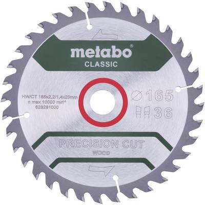 Detailný záber na presný pílový list Metabo na drevo, priemer 165 mm, 36 zubov, maximálne 10 000 otáčok za minútu.