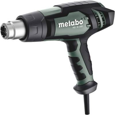 Teplovzdušná pištoľ v čiernej a tmavozelenej farbe s nápisom 'metabo HG 16-500', používaná na vyhrievanie a odstraňovanie farby.