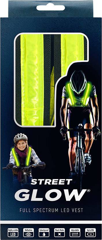 Balenie reflexnej vesty zobrazuje dve osoby v svietiacich LED vestách, pod nimi text 'Street Glow' a charakteristiky produktu.
