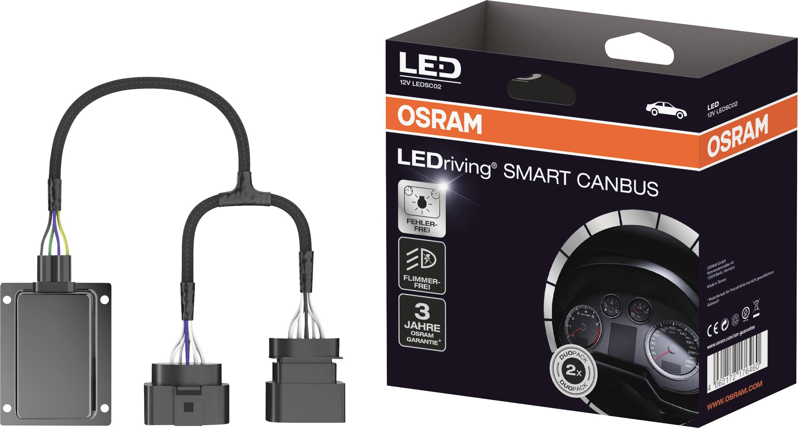 LED CANBUS adaptér v sade s obalom. Obal ukazuje autocockpit s LED svetlami. Značka: OSRAM, Produkt: LEDriving SMART CANBUS.