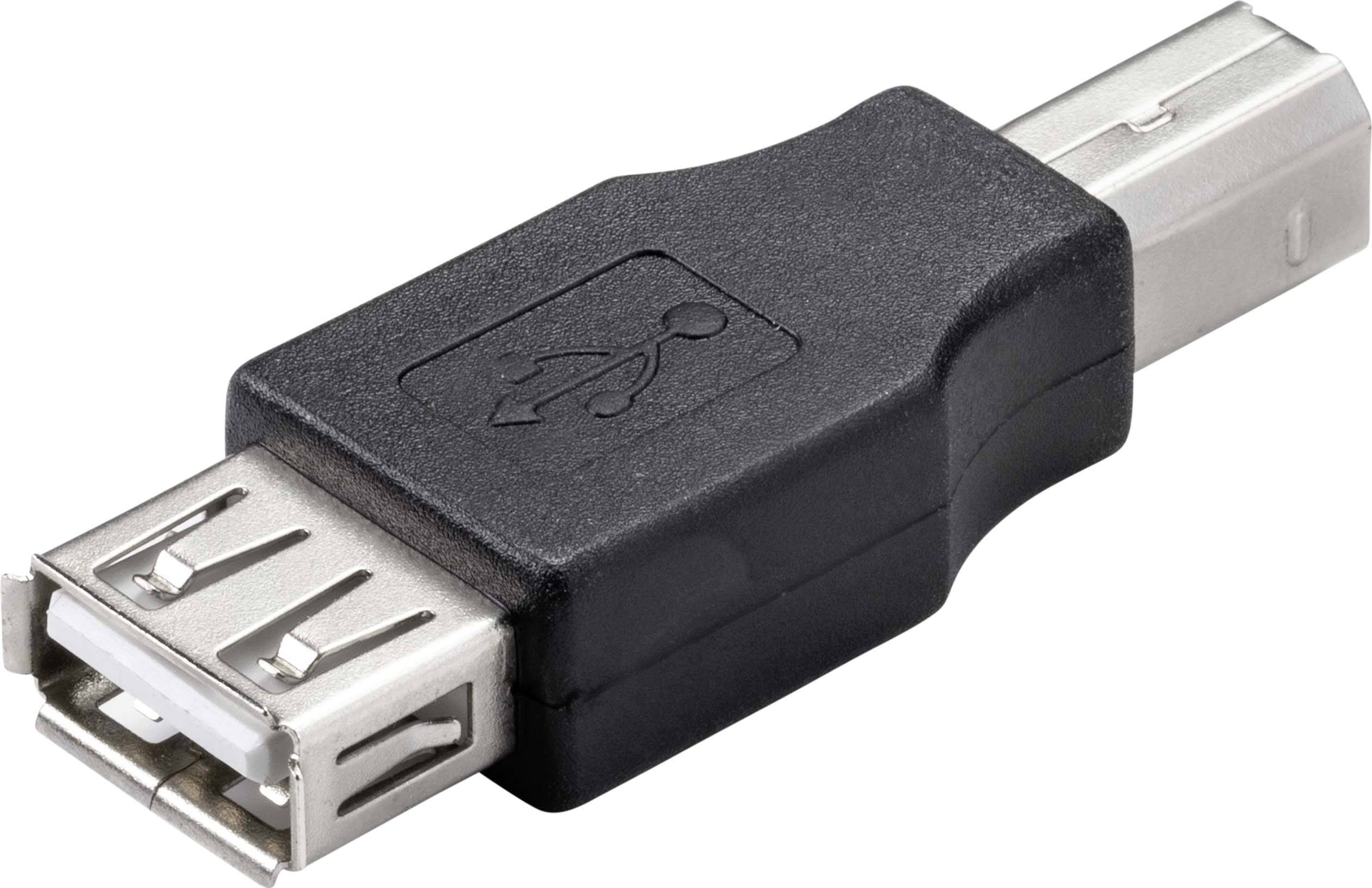 USB adaptér, ktorý mení z USB-A zásuvky na USB-B zástrčku, na bielom pozadí.