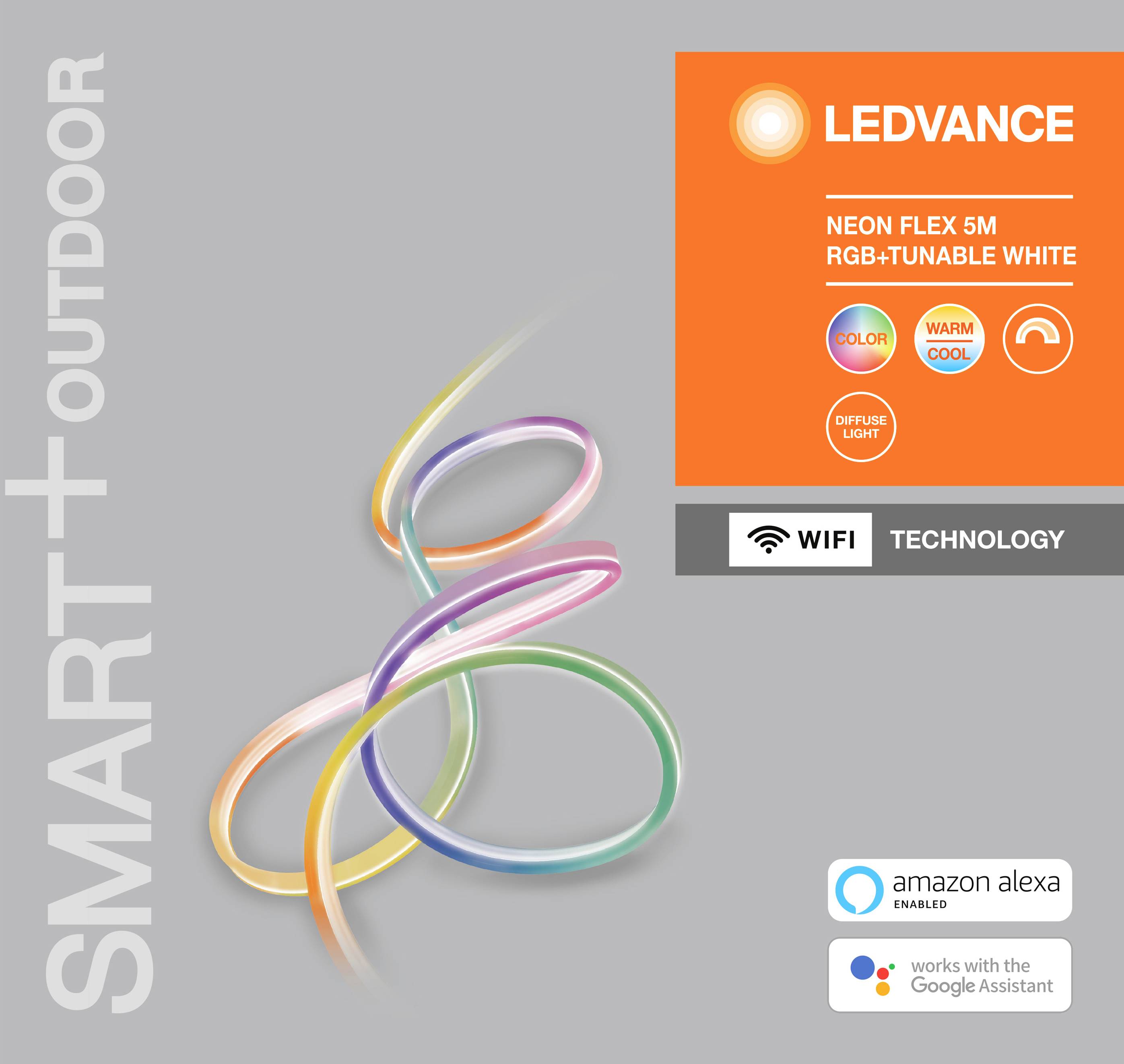 Svetelný had LEDVANCE Neon Flex 5M RGB+Laditeľná biela, s technológiou WLAN, kompatibilný s Amazon Alexa a Google Assistant.