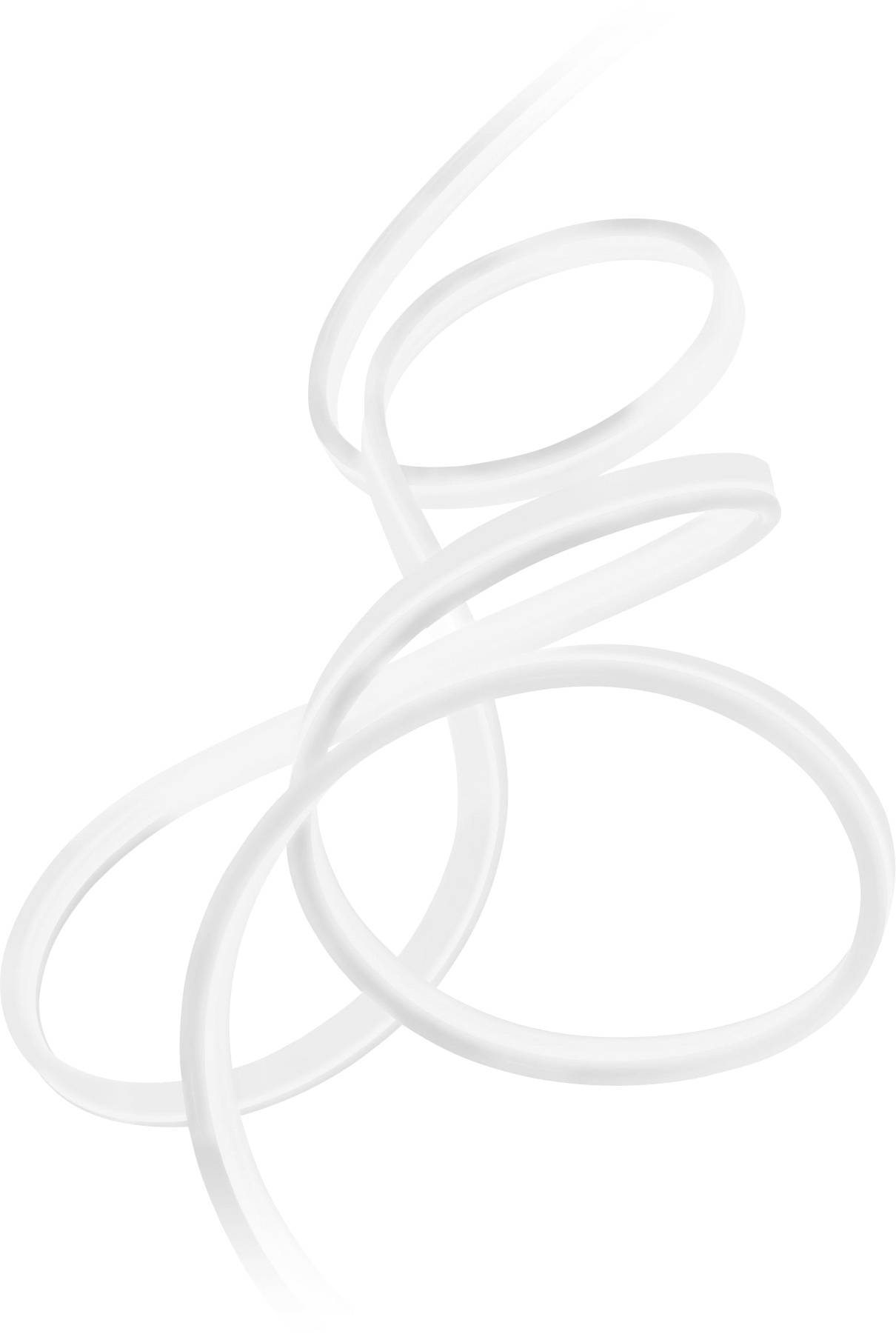 Biela, zvlnená plastová páska, ktorá je znázornená v elegantných slučkách na bielom pozadí.