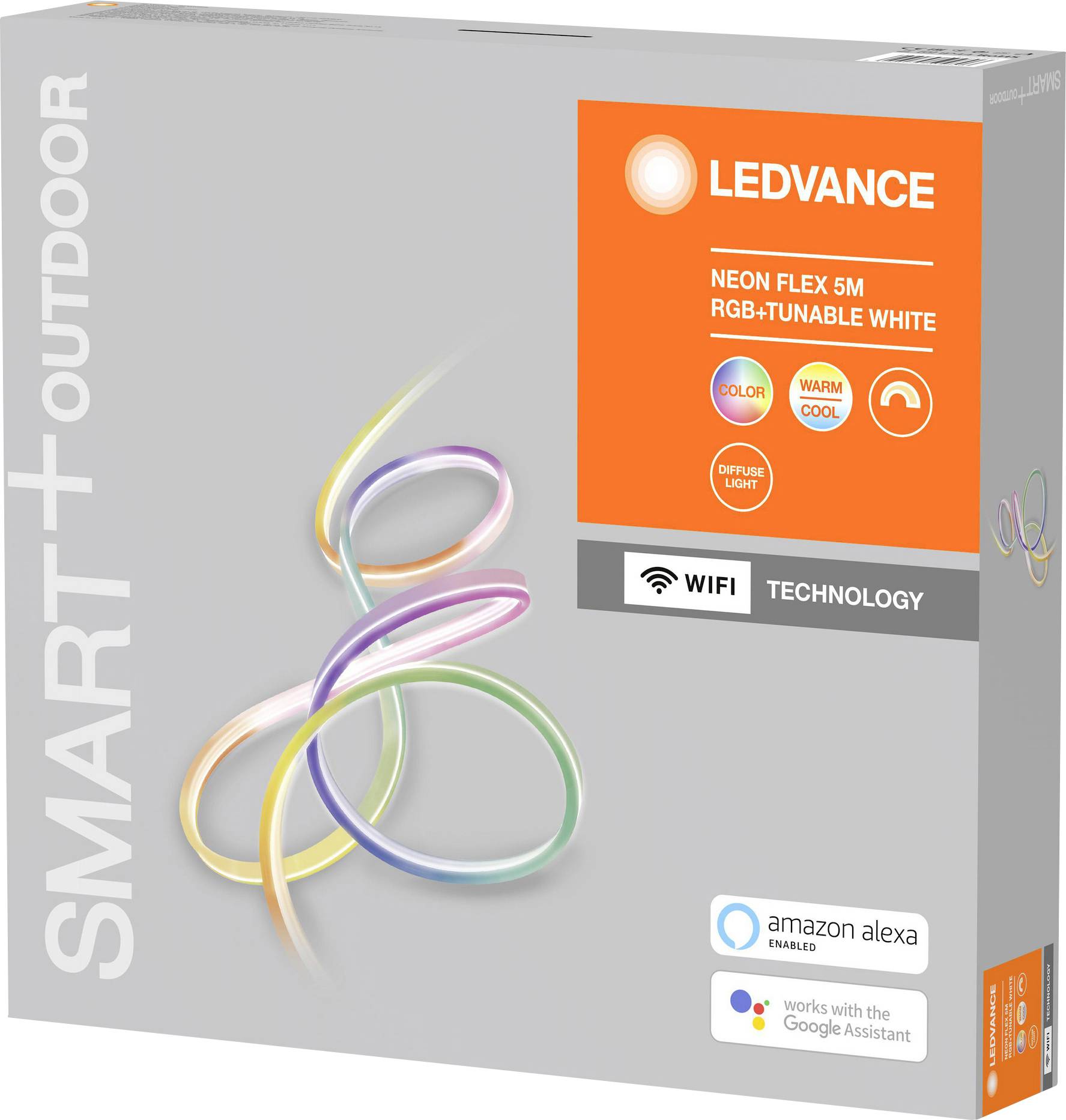 Balenie LED pásky 'LEDVANCE Neon Flex', 5m RGB+biela, kompatibilná s WLAN, ovládateľná cez Amazon Alexa a Google Assistant.