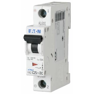 Elektrický ochranný spínač od spoločnosti Eaton, model FAZ-C25/1-DC, vhodný pre 250V DC a 25A, s pákou a detailmi produktu na boku.