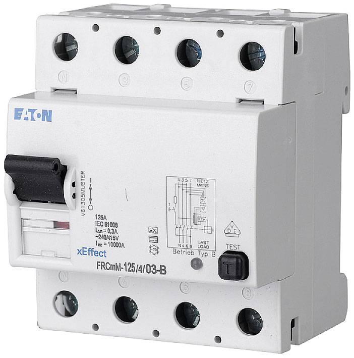 Prúdový chránič (RCD) od spoločnosti Eaton, typ FRCmM-125/4/03-B, na predchádzanie úrazom elektrickým prúdom.