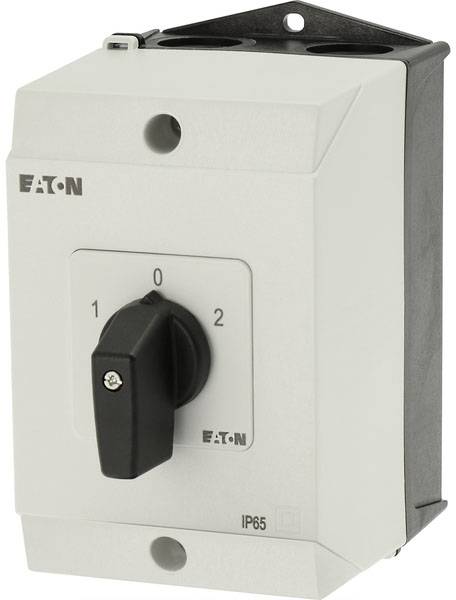 Trojstupňový vypínač značky Eaton s polohami '0', '1' a '2'. Vhodný do exteriéru, stupeň krytia IP65.