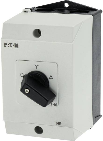 Elektrický spínač značky Eaton v šedej skrinke s čiernym otočným gombíkom, označený "IP65" pre ochranu proti vode a prachu.
