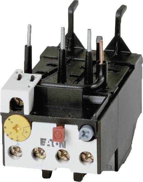 Elektrické nadprúdové relé značky Eaton, v čierno-bielom prevedení so skrutkovými svorkami a žltým nastavovacím kolieskom na reguláciu prúdu.