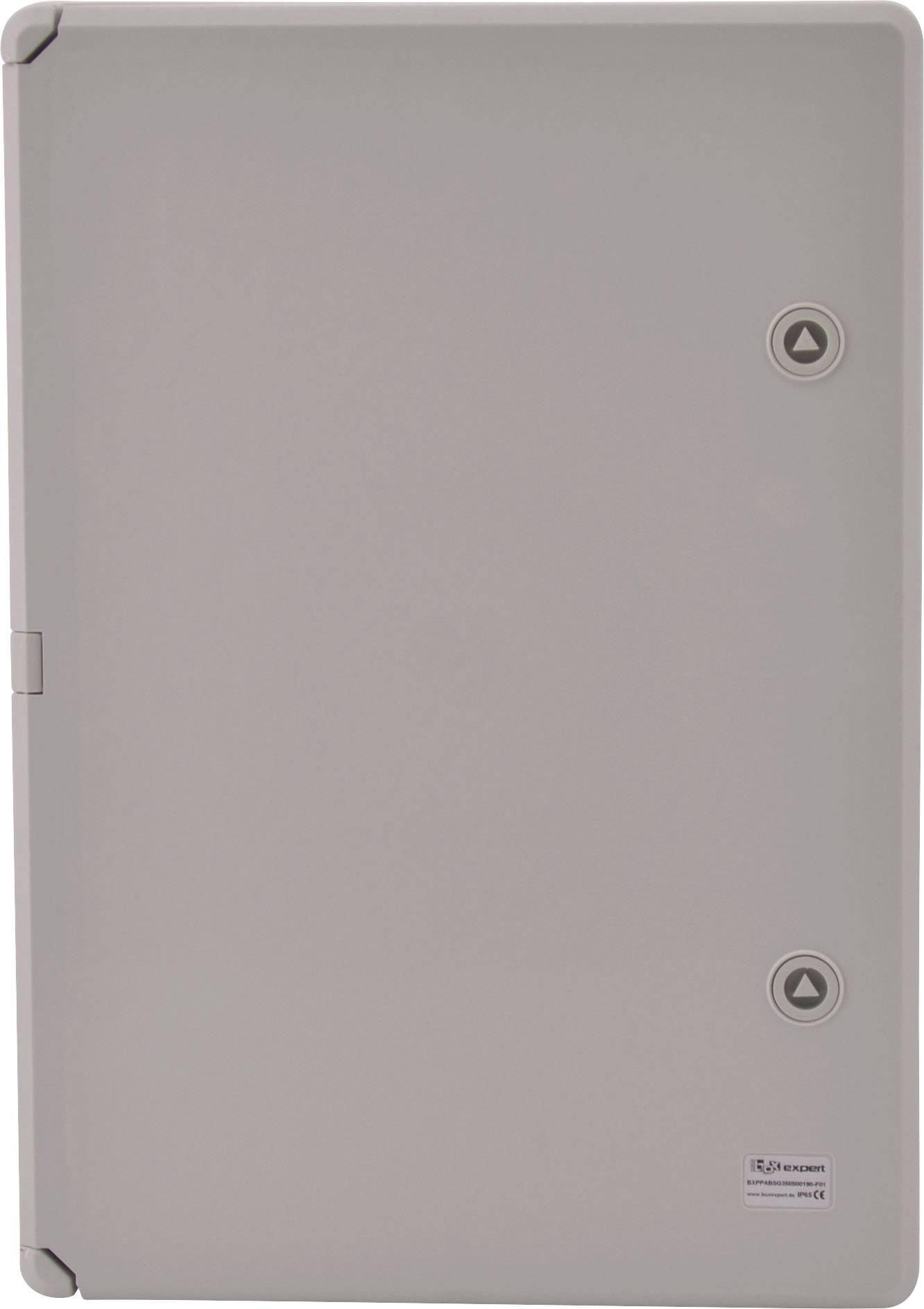 Sivý, obdĺžnikový elektrický box s dvoma okrúhlymi tlačidlami a malým logom v pravom dolnom rohu.