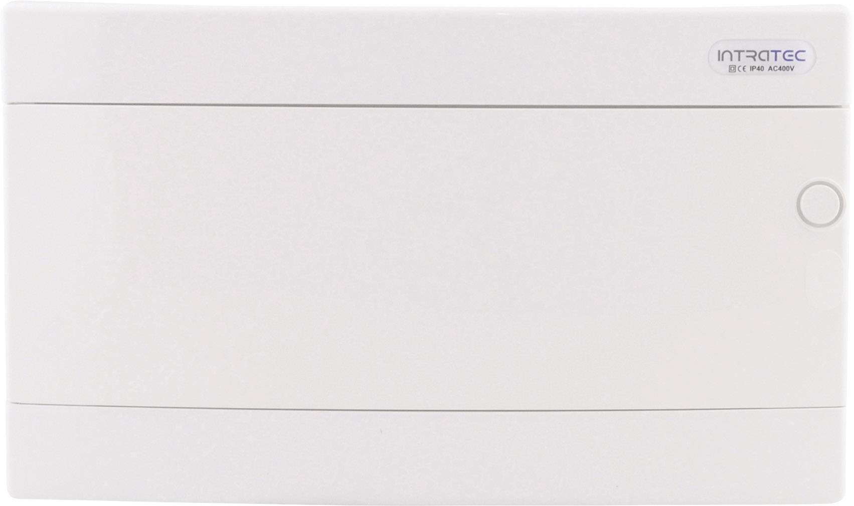 Biele, obdĺžnikové elektrické puzdro s malým okrúhlym tlačidlom vpravo a logom 'Intratec' v hornom pravom rohu.