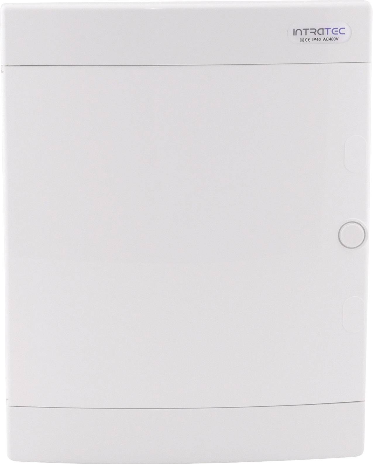 Biele, obdĺžnikové technické zariadenie so zaoblenými hranami a minimalistickým dizajnom. V pravom hornom rohu logo 'INTRATEC'.