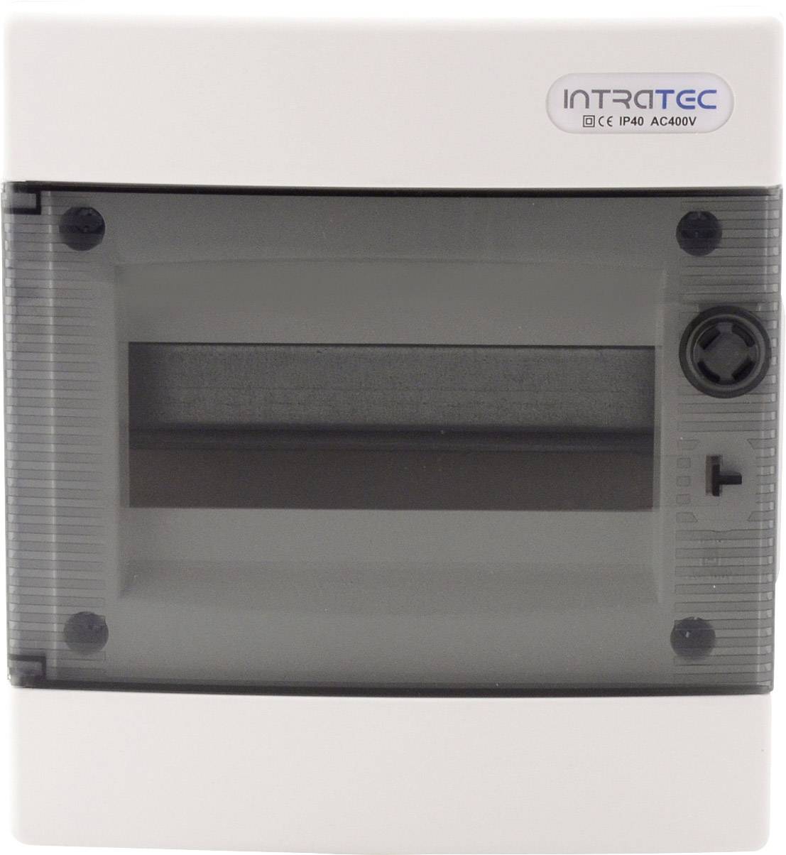 Elektrická rozvodná skriňa s priehľadným krytom, vhodná pre AC 400V. Hore je nápis 'INTRATEC'.