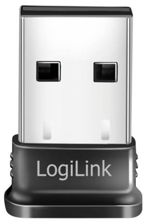 Kompaktný Bluetooth adaptér s čiernou základňou a nápisom 'LogiLink', vhodný pre pripojenie k USB portom.