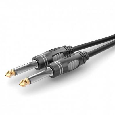Dva čierne audiokábel s 6,3 mm jack konektormi, vhodné pre hudobné nástroje ako elektrické gitary, na bielom pozadí.
