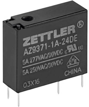 Relé s nápisom: 'Zettler AZ9371-1A-24DE'. Technické špecifikácie: 5A 277VAC/30VDC, 5A 250VAC/30VDC. Vyrobené v Číne.
