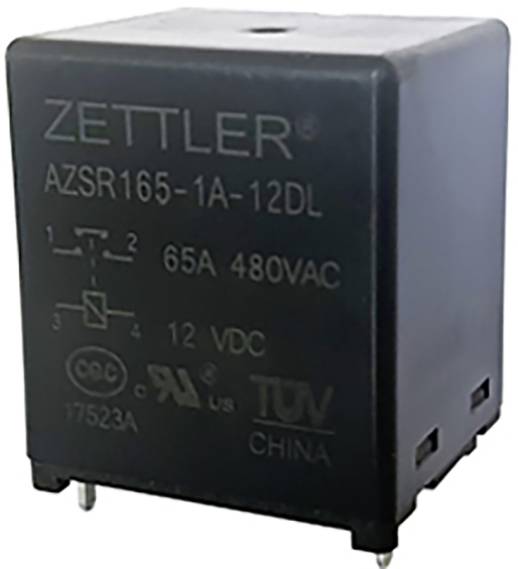 Elektrické relé Zettler s modelovým číslom AZSR165-1A-12DL, špecifikované pre 65A a 480VAC, vhodné pre priemyselné aplikácie.