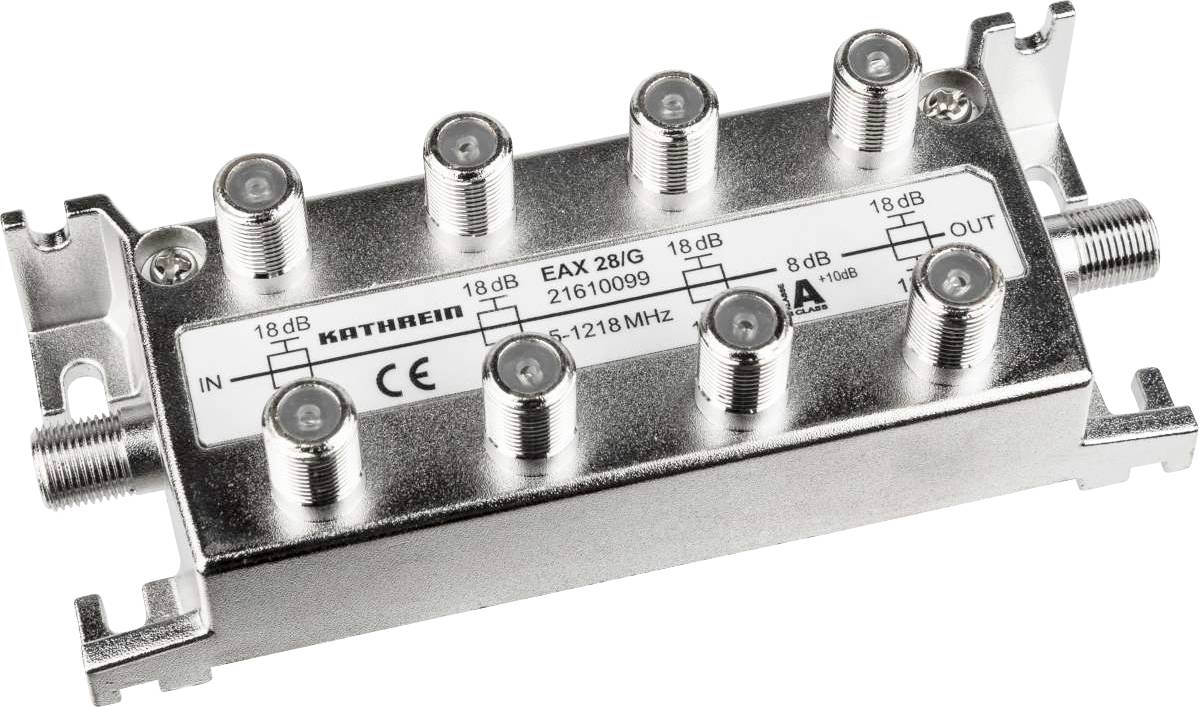 Satelitný multispínač 'Kathrein EAX 28/G', osem výstupov, kovové puzdro, vhodný pre distribúciu satelitných signálov.