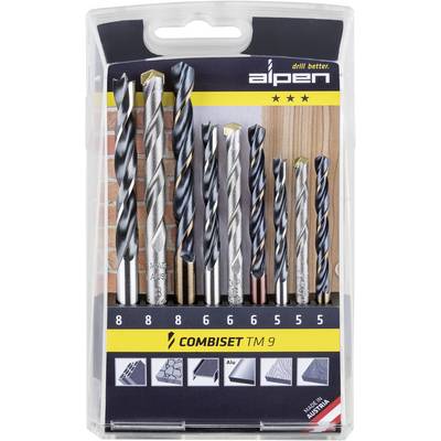 'Sada vrtákov pre rôzne materiály vrátane tehál a kovu v obale. Značka Alpen v pravom hornom rohu.'