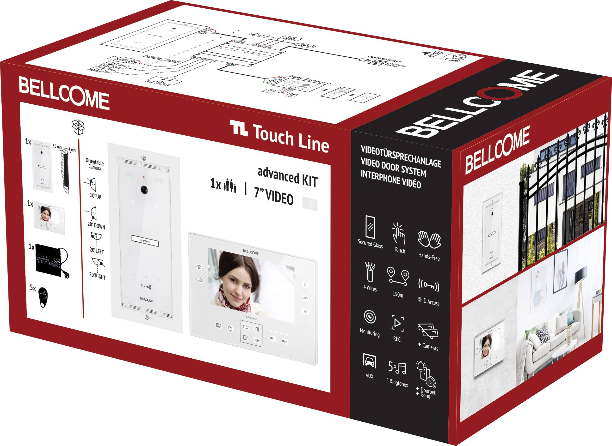 'Obrázok 1x 4-násobného video-dverného súpravného kitu značky Bellcome, model Touch Line, s 7-palcovým monitorom, zobrazený na obale produktu.'