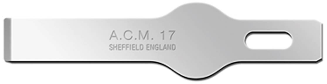 Kovový nôž s gravírovaným nápisom 'A.C.M. 17 SHEFFIELD ENGLAND', striebornej farby, obdĺžnikového tvaru s oválnym výrezom vpravo.
