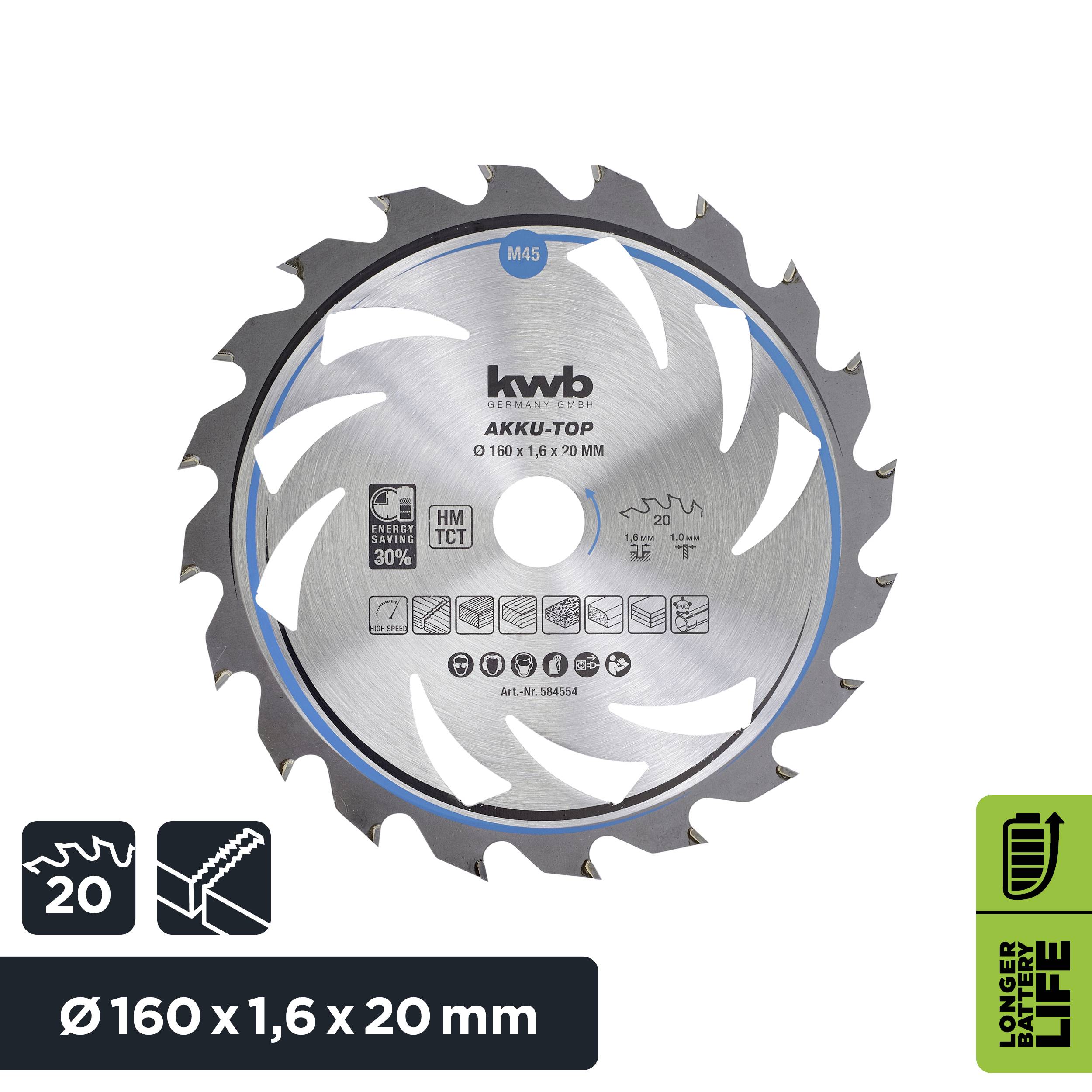 Pílový list kwb AKKU-70P s priemerom 160 mm, šírkou rezu 1,6 mm, vyvrtaním 20 mm. Pre akumulátorové náradie, trvanlivý.