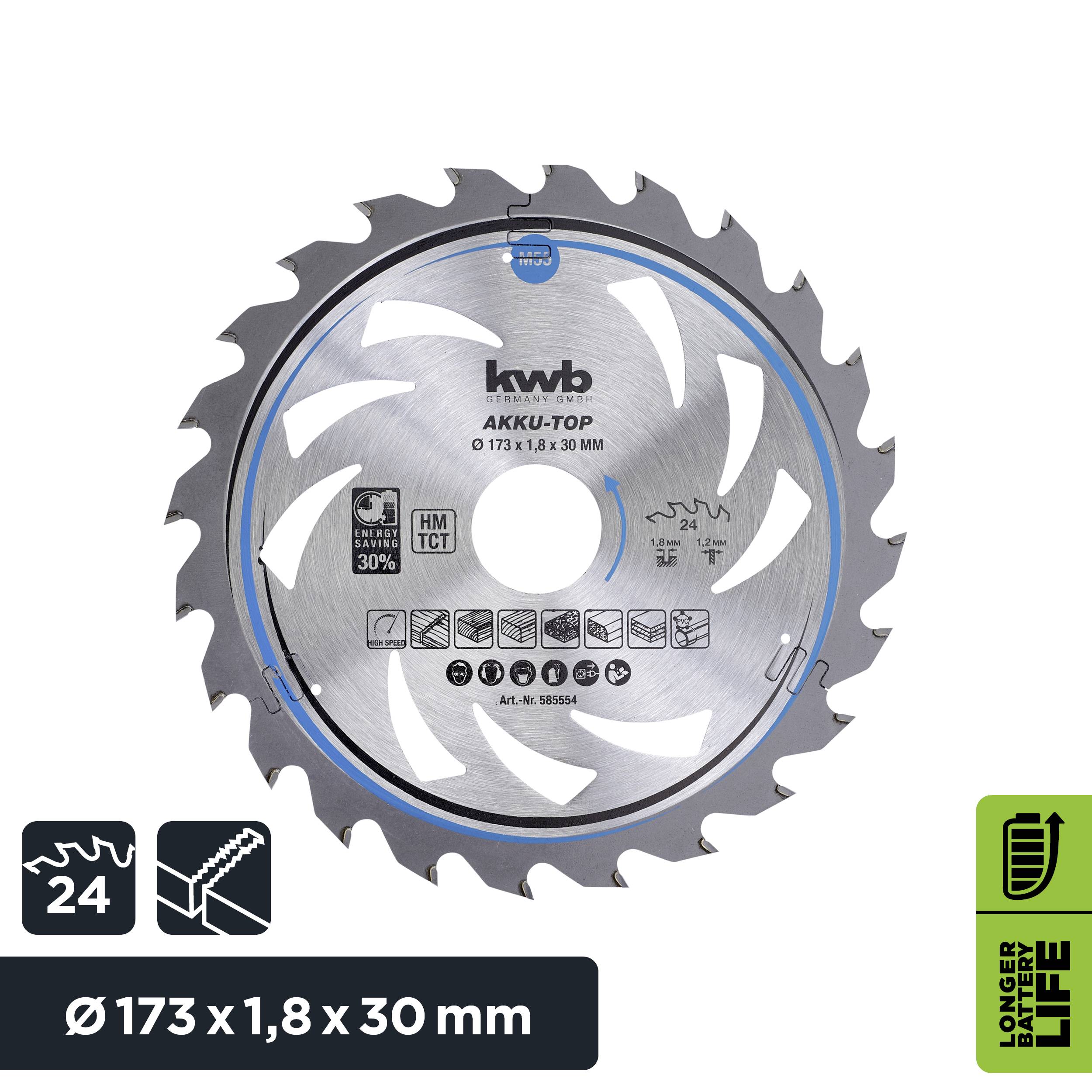 Pílový kotúč na drevo a kov, priemer 173 mm, 30 zubov, vhodný pre akumulátorové náradie. Symboly pre materiály a dobu použitia.