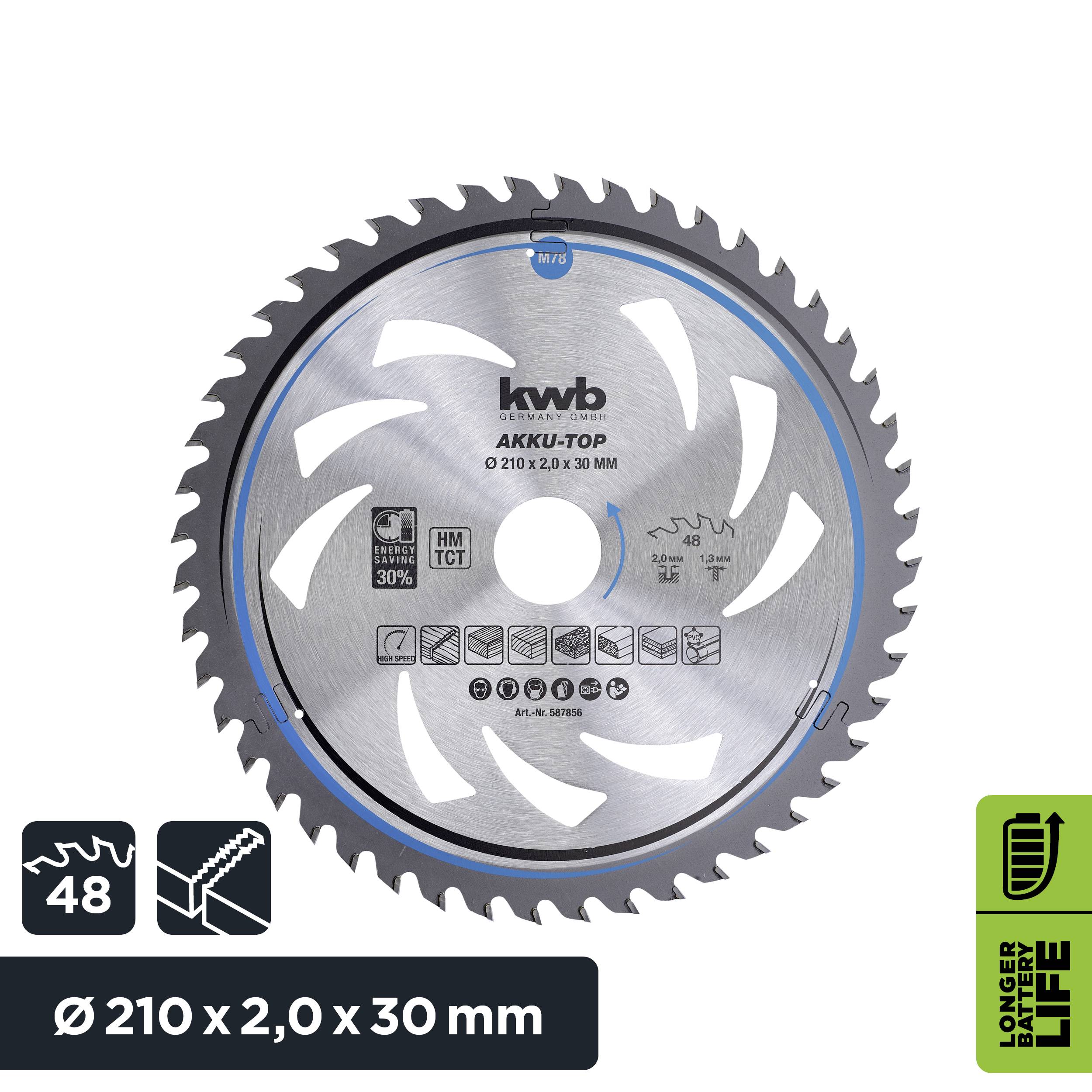 Pílový list s 48 zubami, vhodný pre akumulátorové náradie. Priemer: 210 mm, hrúbka: 2,0 mm. Poznámky k dlhšej výdrži akumulátora.