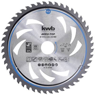 Kotúč pílový 'KWB AKKU-TOP', priemer 210 mm, 48 zubov, vhodný na drevo, energeticky úsporný, modro-strieborný s ihličkovým písmom.