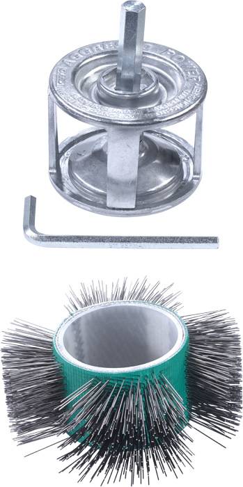 Kovové vŕtacie zariadenie s kľúčom a okrúhlou kefou pod ním, ktoré sa používa na čistenie potrubia.