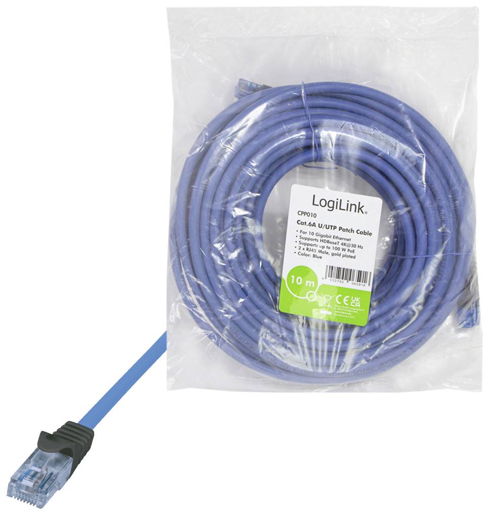 Modrý ethernetový kábel, 10 metrov, balený, s RJ45 konektorom, vhodný pre sieťové pripojenia, značka LogiLink.